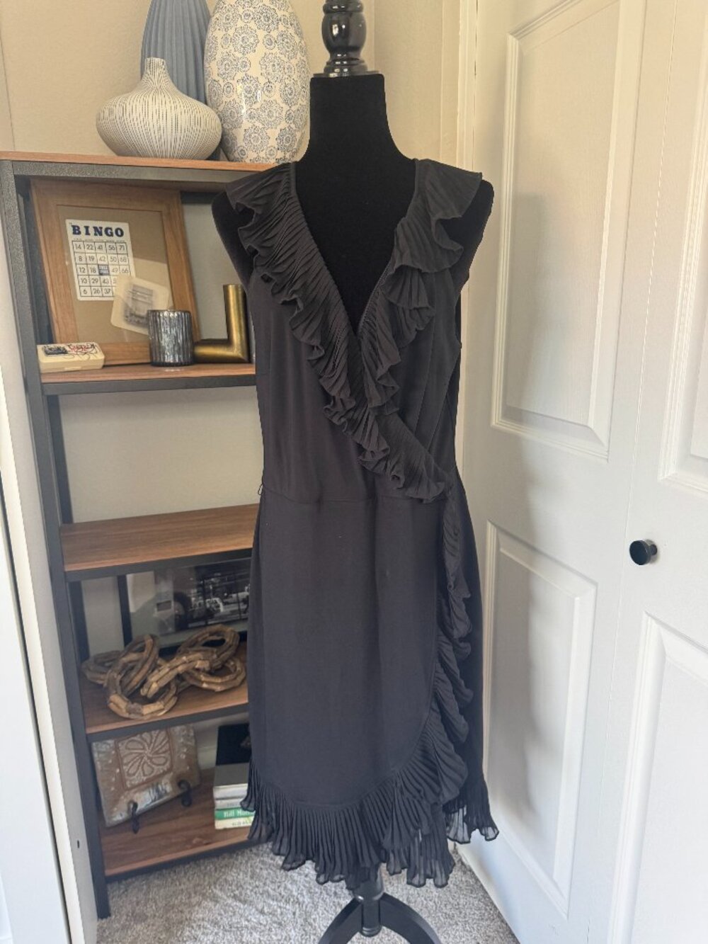 White House Black Market Black Faux Wrap Dress w/Chiffon Ruffle Detail - Size 14